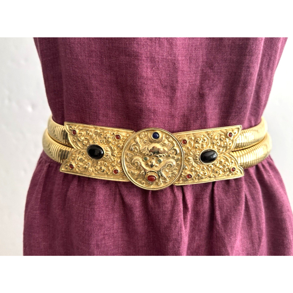 Judith Leiber Vintage Belt Double-Rope Gold Metal Ornate Buckle Cabochon Stones